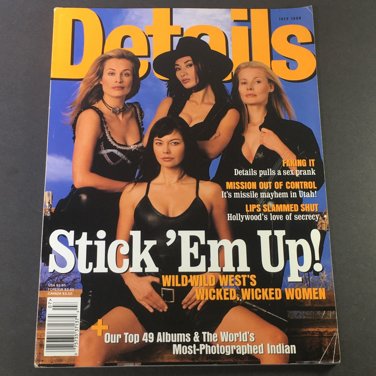 Cover of Details Magazine, July 1999 featuring 'Wild Wild West's Wicked Women' and 'Lip's Slammed Shut'. The cover showcases four women in stylish outfits against a blue sky background, capturing the essence of late '90s fashion.