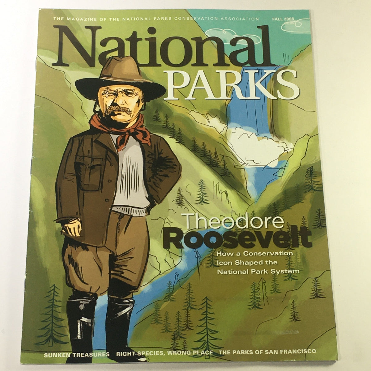 Cover of National Parks Magazine Fall 2008 featuring Theodore Roosevelt, showcasing his impact on the National Park System with illustrated imagery and text.