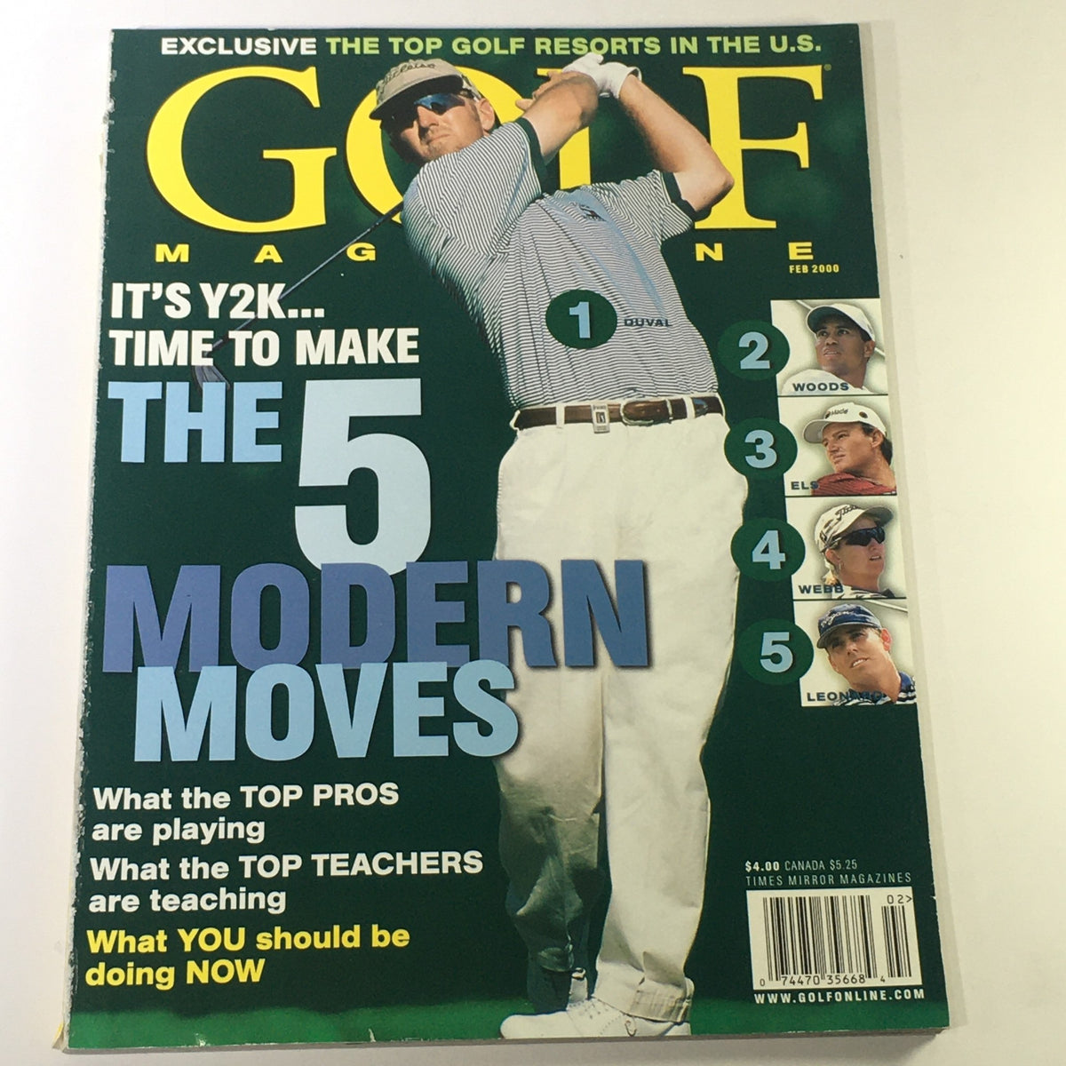 Cover of Golf Magazine February 2000 featuring David Duval with the title 'It's Y2K... Time to Make the 5 Modern Moves' and images of other golf pros including Tiger Woods, Ernie Els, and Webb Simpson.