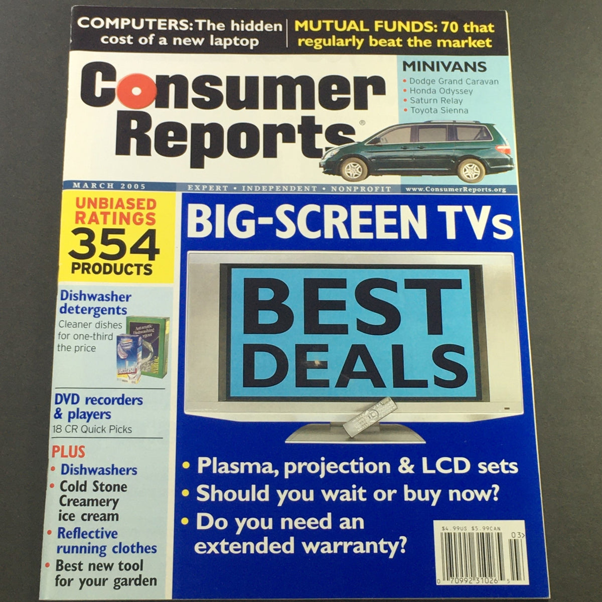 Consumer Reports Magazine March 2005 cover featuring a focus on minivans and big-screen TVs, highlighting the best deals available in that issue.
