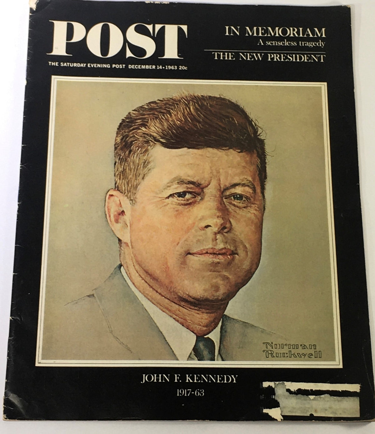 VTG The Saturday Evening Post December 14 1963 cover featuring a portrait of John F. Kennedy, commemorating his legacy. This vintage magazine captures a moment of national remembrance with artwork by Norman Rockwell.