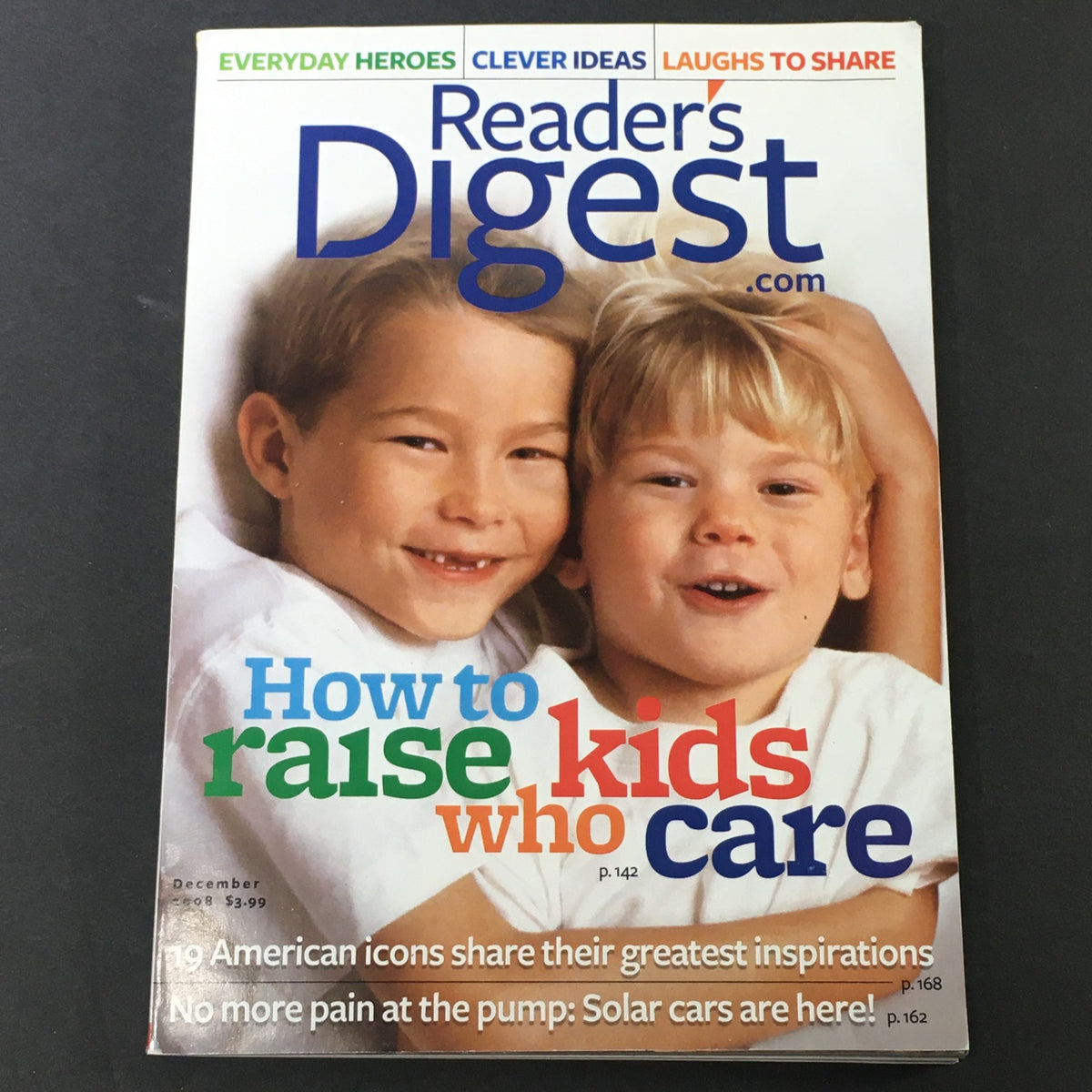 Reader's Digest Magazine December 2008 cover featuring children with the title 'How to Raise Kids Who Care', showcasing themes of compassion and parenting.