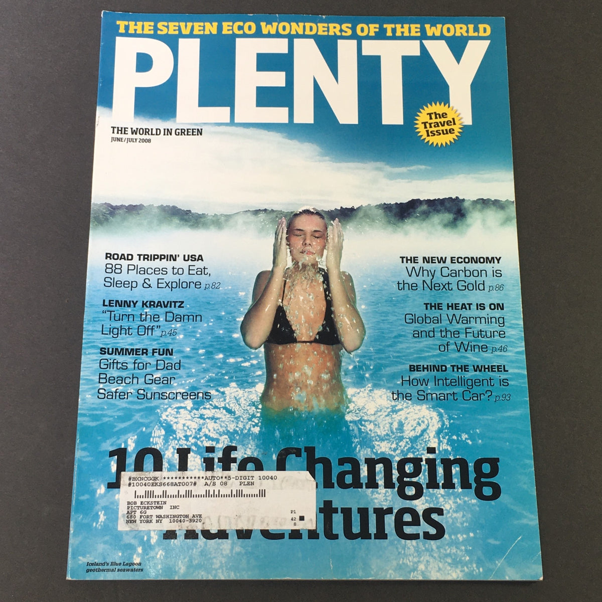 Cover of Plenty magazine, June July 2008 issue featuring an article on Lenny Kravitz and a theme of 'Road Trippin' USA' with a focus on eco-friendly travel and adventures.