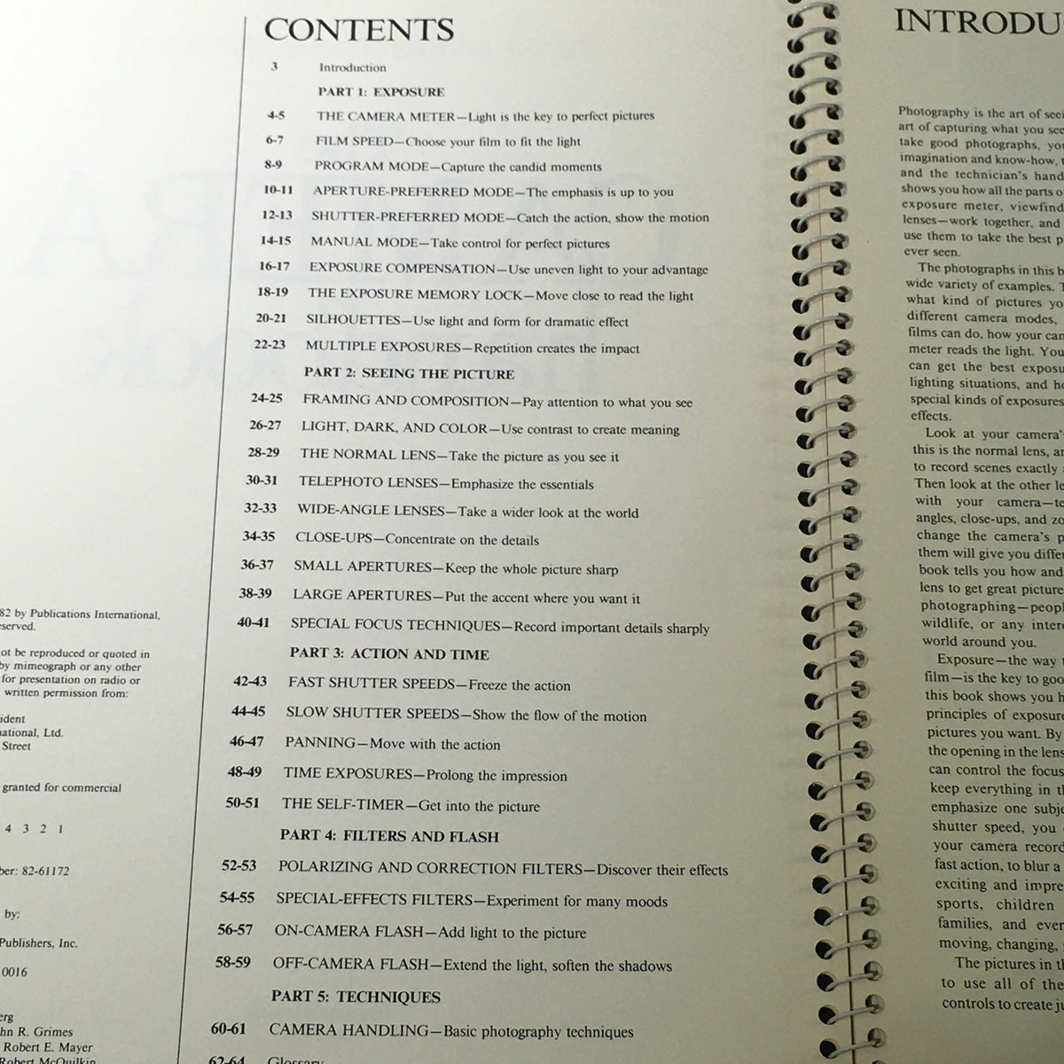 Table of contents from '1982 The Camera Step-by-Step Handbook: How To Take Better Pictures', showcasing sections on exposure and techniques.