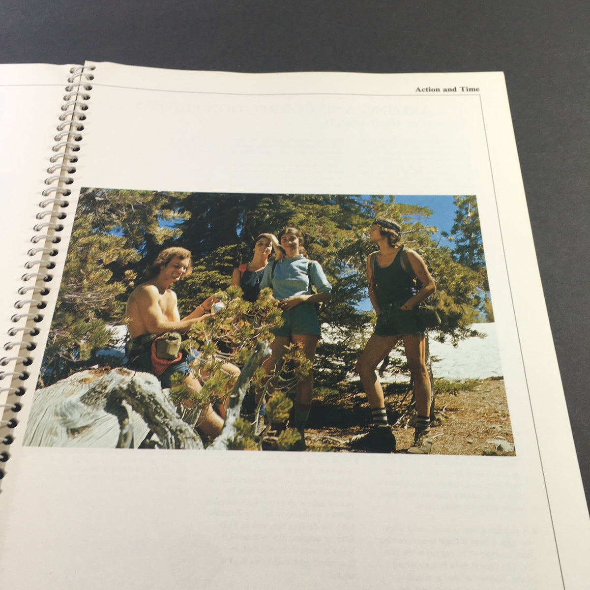 Image from '1982 The Camera Step-by-Step Handbook How To Take Better Pictures' showing four individuals outdoors, practicing photography amidst a scenic backdrop.