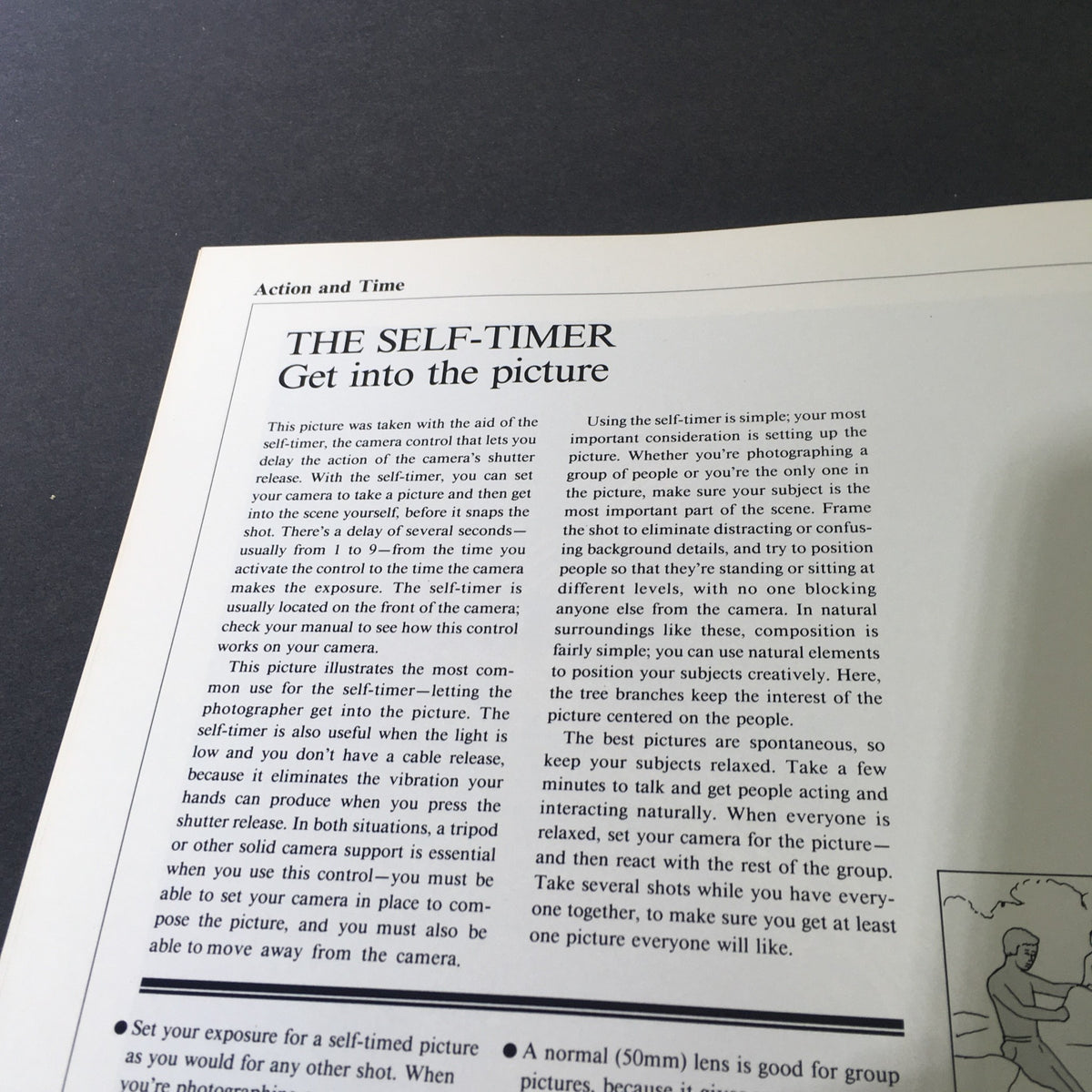 Page from '1982 The Camera Step-by-Step Handbook How To Take Better Pictures' discussing the use of a self-timer in photography, with tips for composition and timing.