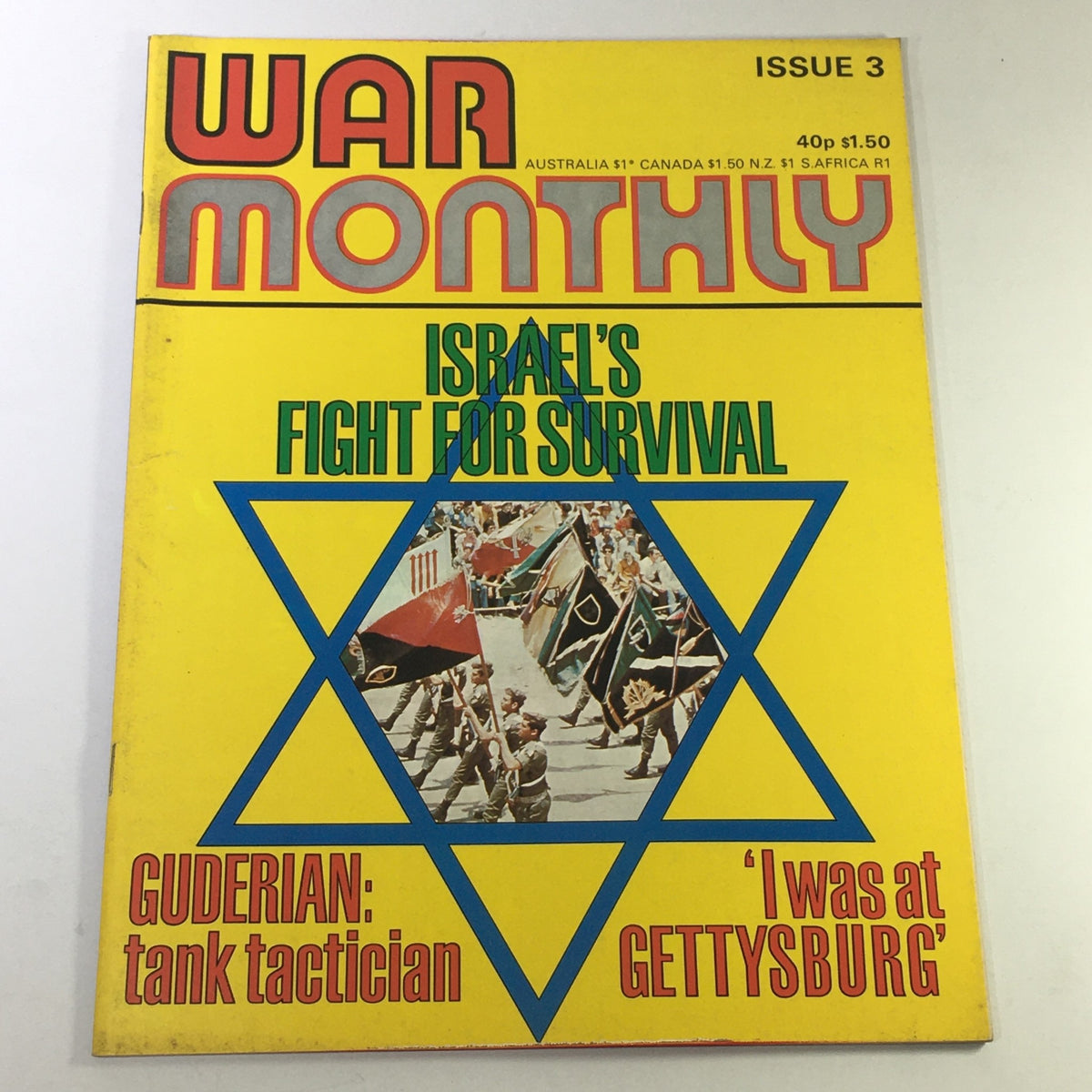 Cover of VTG War Monthly Issue 3 from June 1974 featuring the title 'Israel's Fight for Survival' and 'Guderian: Tank Tactician' along with a Star of David design and imagery related to military parades.