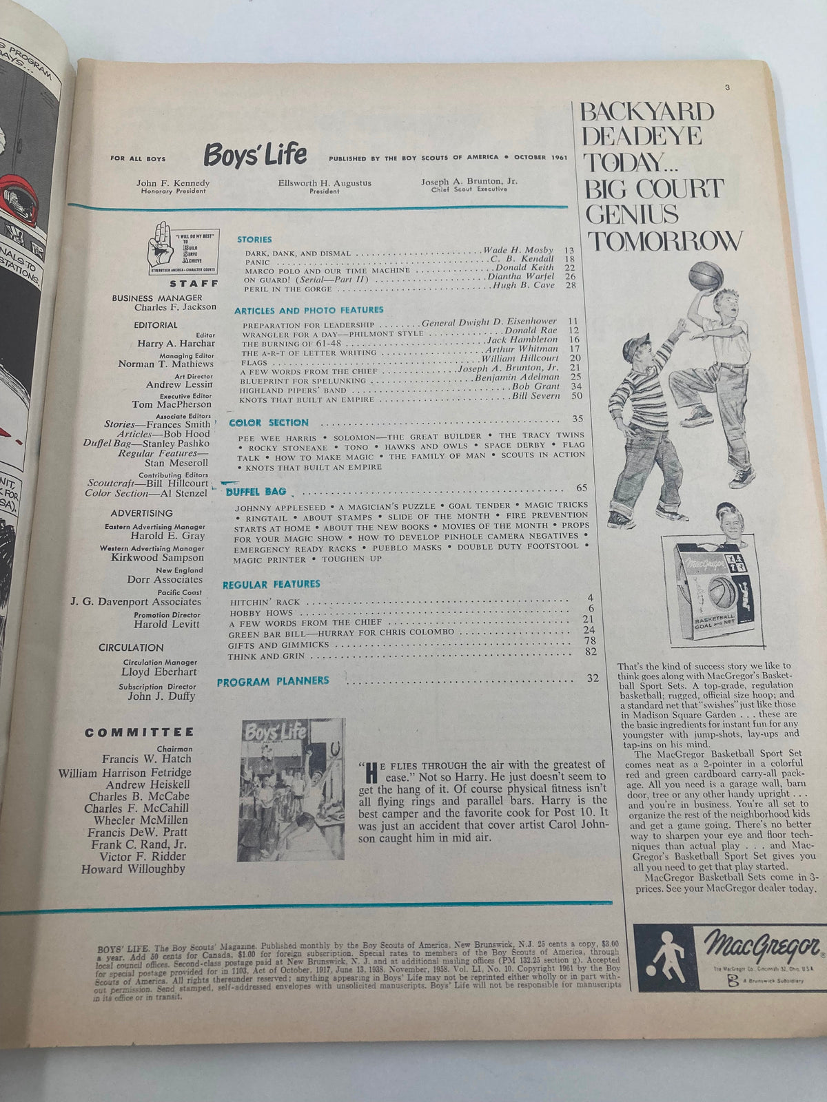 Inside page of VTG Boys' Life Magazine from October 1961, featuring 'Preparation for Leadership' by Dwight D. Eisenhower. The page includes articles, staff list, and a color section with various youth activities.