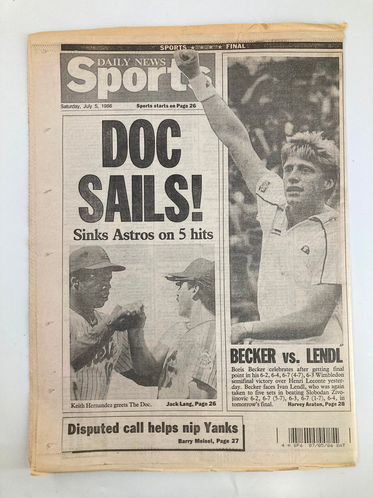 VTG Daily News Sports section July 5 1986 displaying Keith Hernandez and Boris Becker with headlines 'Doc Sails!' and 'Becker vs. Lendl'.