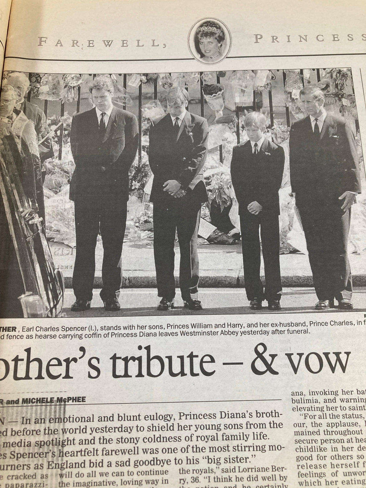 VTG Daily News Newspaper September 7 1997 Farewell Princess Diana inner page featuring Earl Charles Spencer and her sons standing in tribute at Diana's funeral, symbolizing family grief.