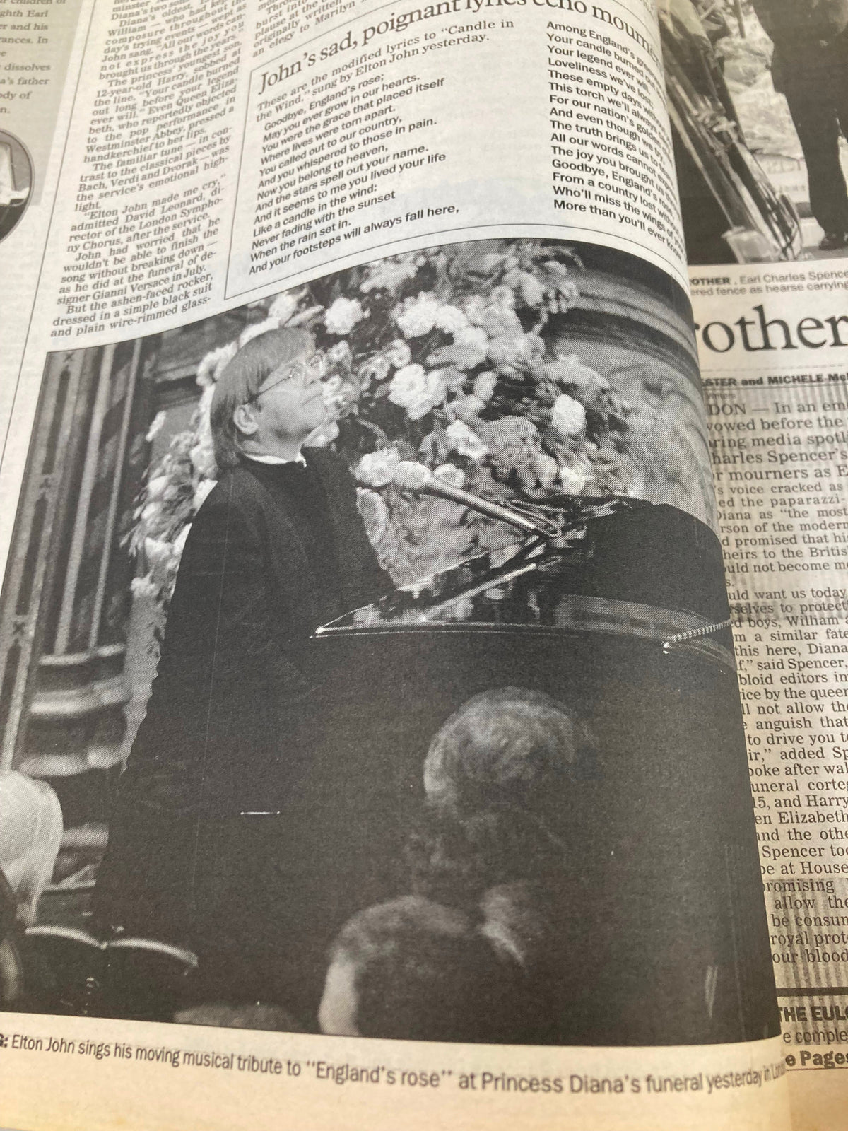 VTG Daily News Newspaper September 7 1997 Farewell Princess Diana inner page featuring Elton John performing "Candle in the Wind" as a tribute to Princess Diana, capturing a moment of honor and remembrance.