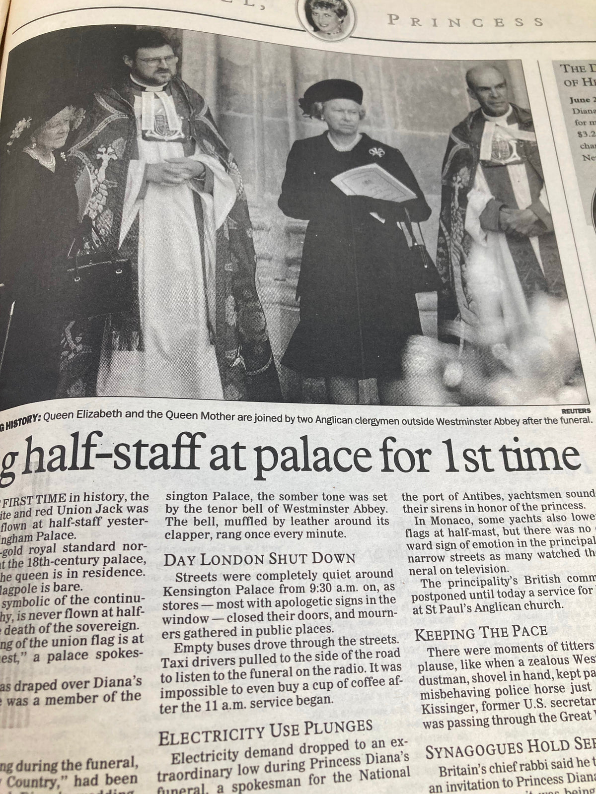 Image from the VTG Daily News Newspaper, September 7, 1997, depicting Queen Elizabeth and the Queen Mother with two Anglican clergymen outside Westminster Abbey after Princess Diana's funeral.