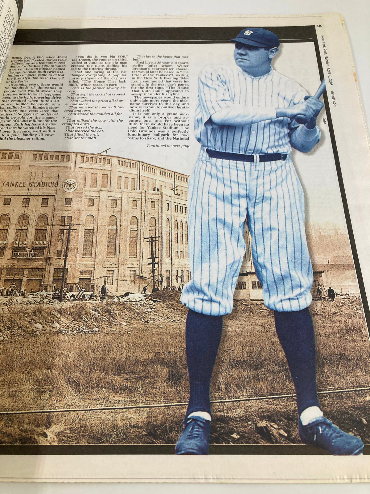 Illustration from the New York Post tribute 'The House That Babe Ruth Built,' featuring Babe Ruth in Yankees attire with Yankee Stadium in the background.