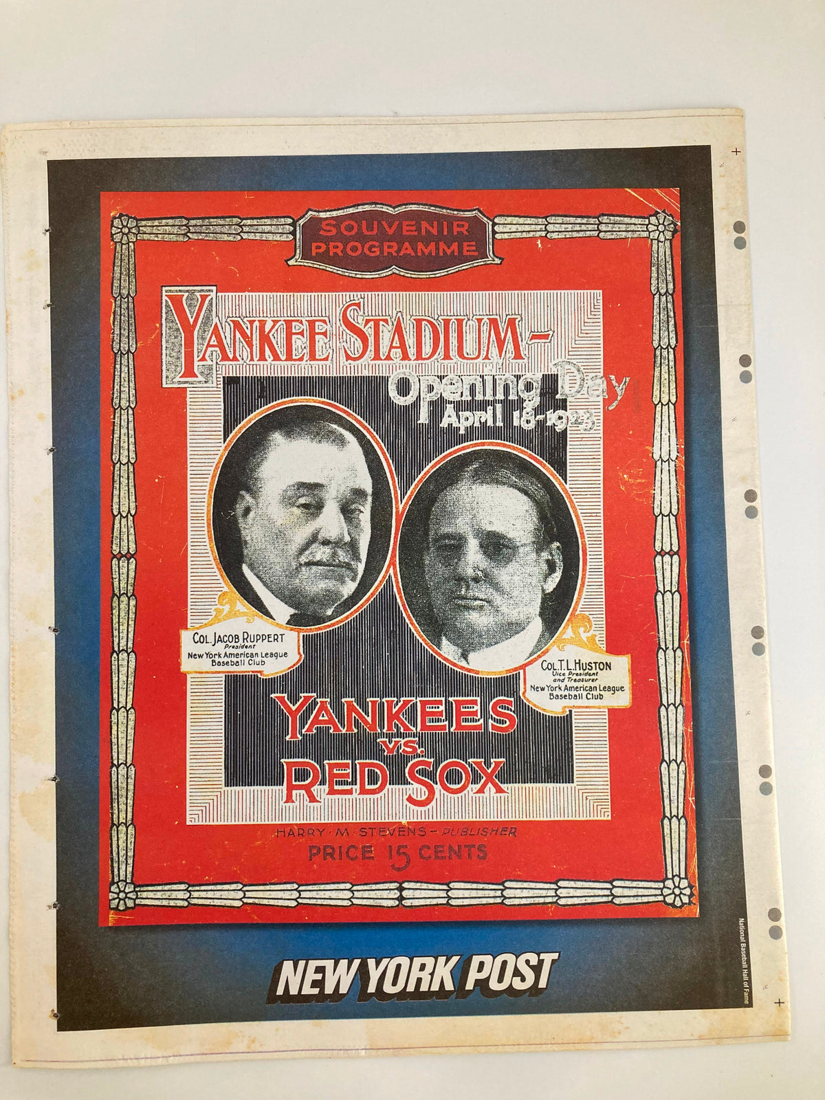 Cover of the New York Post souvenir program for Yankee Stadium opening day, highlighting the historical event with 'The House That Babe Ruth Built' theme.