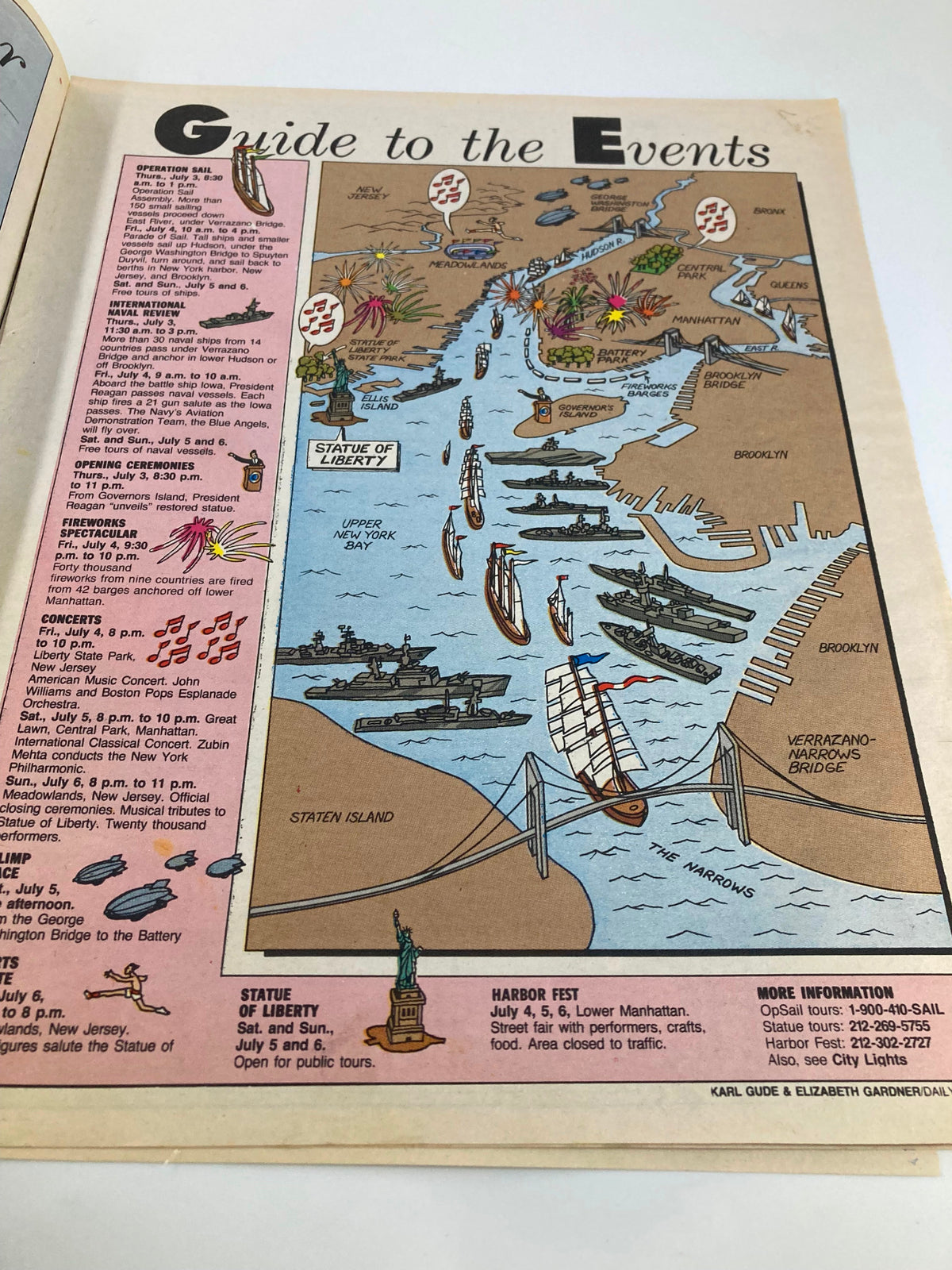 Inside the VTG Daily News Newspaper from June 29, 1986, showing a detailed map of events for Lady Liberty's birthday celebration, outlining concert locations, and festivities in New York.