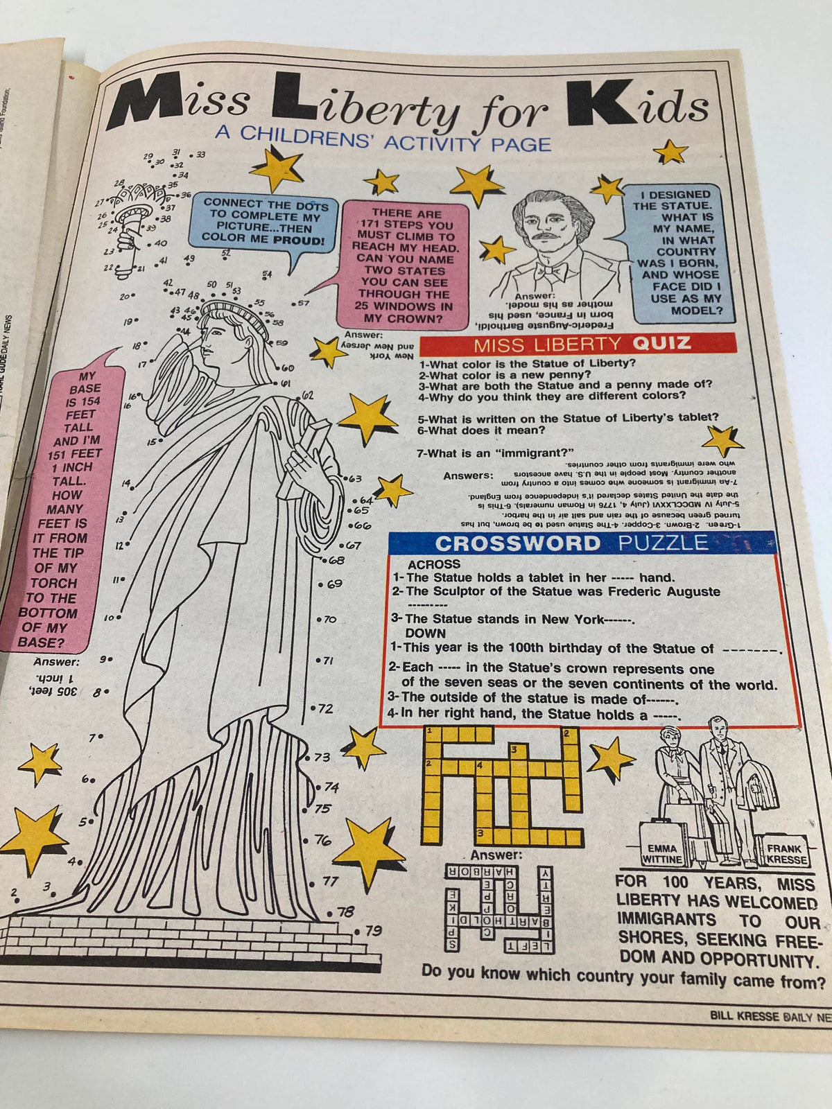 Children's activity page from the VTG Daily News Newspaper dated June 29, 1986, titled 'Miss Liberty for Kids' featuring quizzes and puzzles related to the Statue of Liberty.
