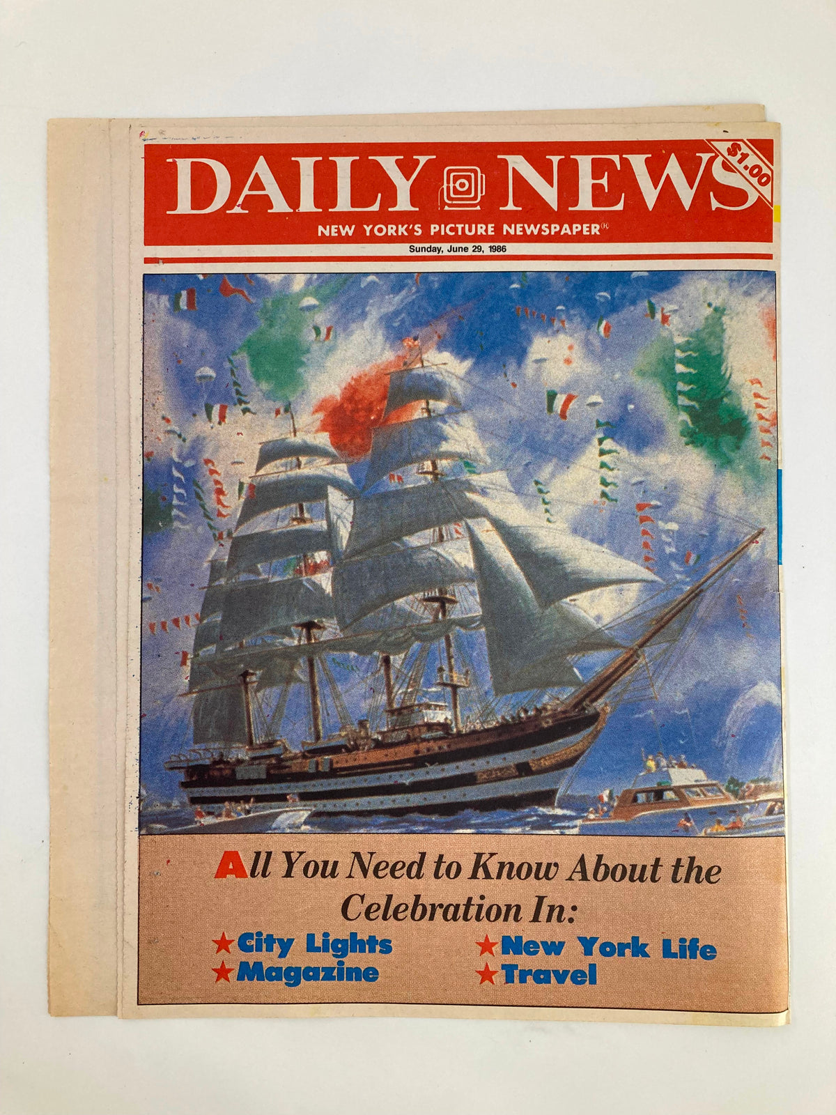 Back cover of VTG Daily News Newspaper from June 29, 1986, displaying a colorful illustration of a sailing ship amidst a festive backdrop, promoting events covered in the newspaper.