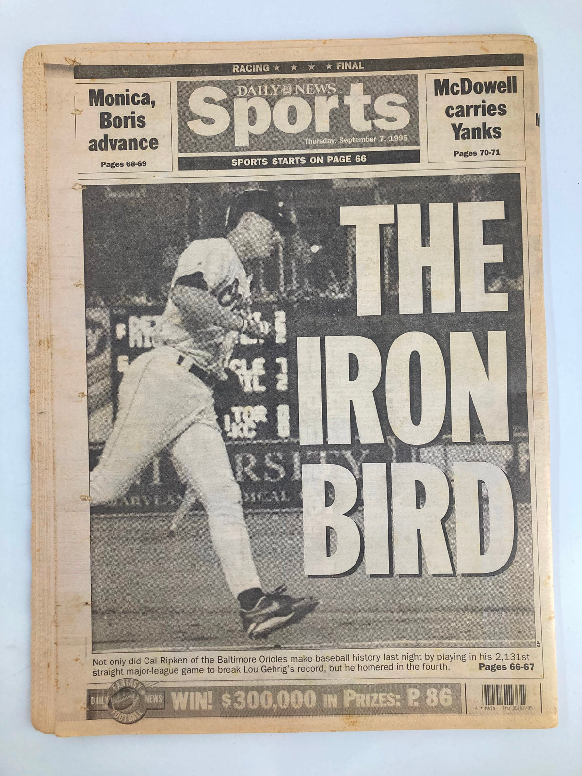 VTG Daily News Newspaper from September 7, 1995 featuring Cal Ripken titled 'The Iron Bird'. This historic edition highlights the significance of Ripken's 2,131st consecutive game, showcasing bold headlines and imagery related to this event.