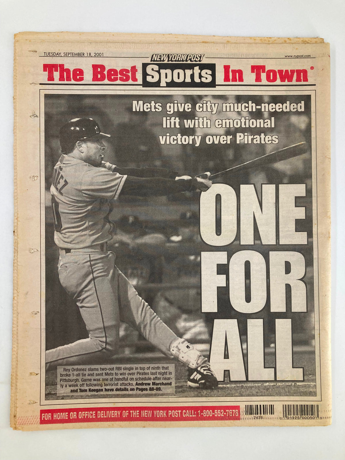 New York Post newspaper sports section from September 18, 2001, highlighting a Mets baseball game with the headline 'One for All', showcasing the emotional lift for fans.