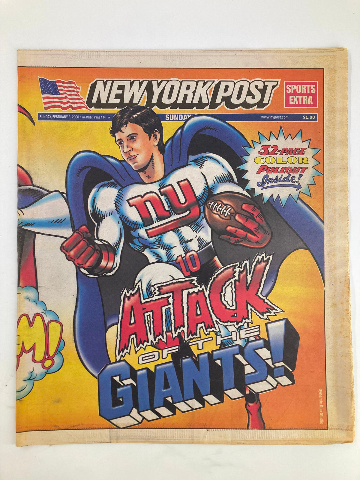 New York Post Newspaper, February 3, 2008, featuring a colorful comic-style cover with a superhero themed around the New York Giants football team. Highlights the title 'Attack of the Giants!'.