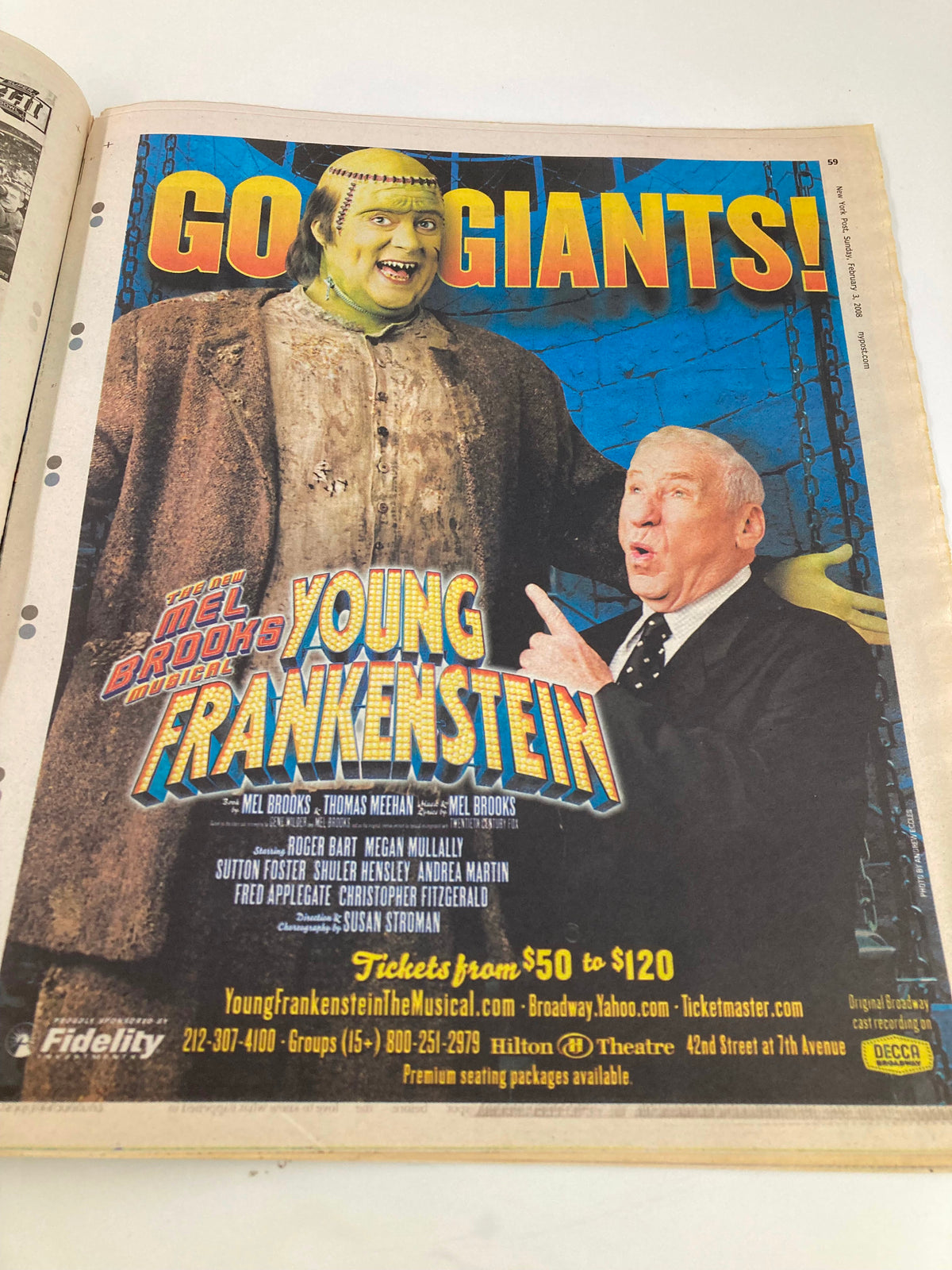New York Post Newspaper, February 3, 2008, showcasing an advertisement for the musical Young Frankenstein, featuring Mel Brooks. Emphasizes the phrase 'GO GIANTS!' in a festive design.
