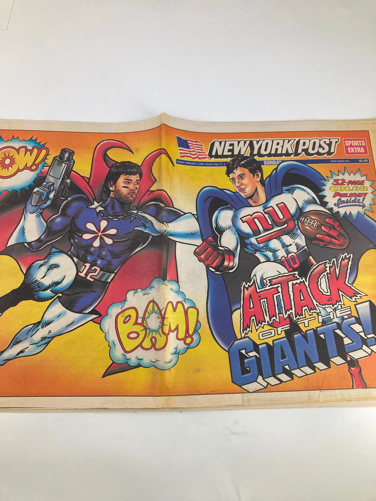 New York Post Newspaper from February 3, 2008, featuring an illustration of a superhero-themed rivalry between Tom Brady and Peyton Manning, titled 'Attack of the Giants!'. This newspaper captures the excitement surrounding the Brady-Manning matchup with vibrant colors and dynamic comic art.