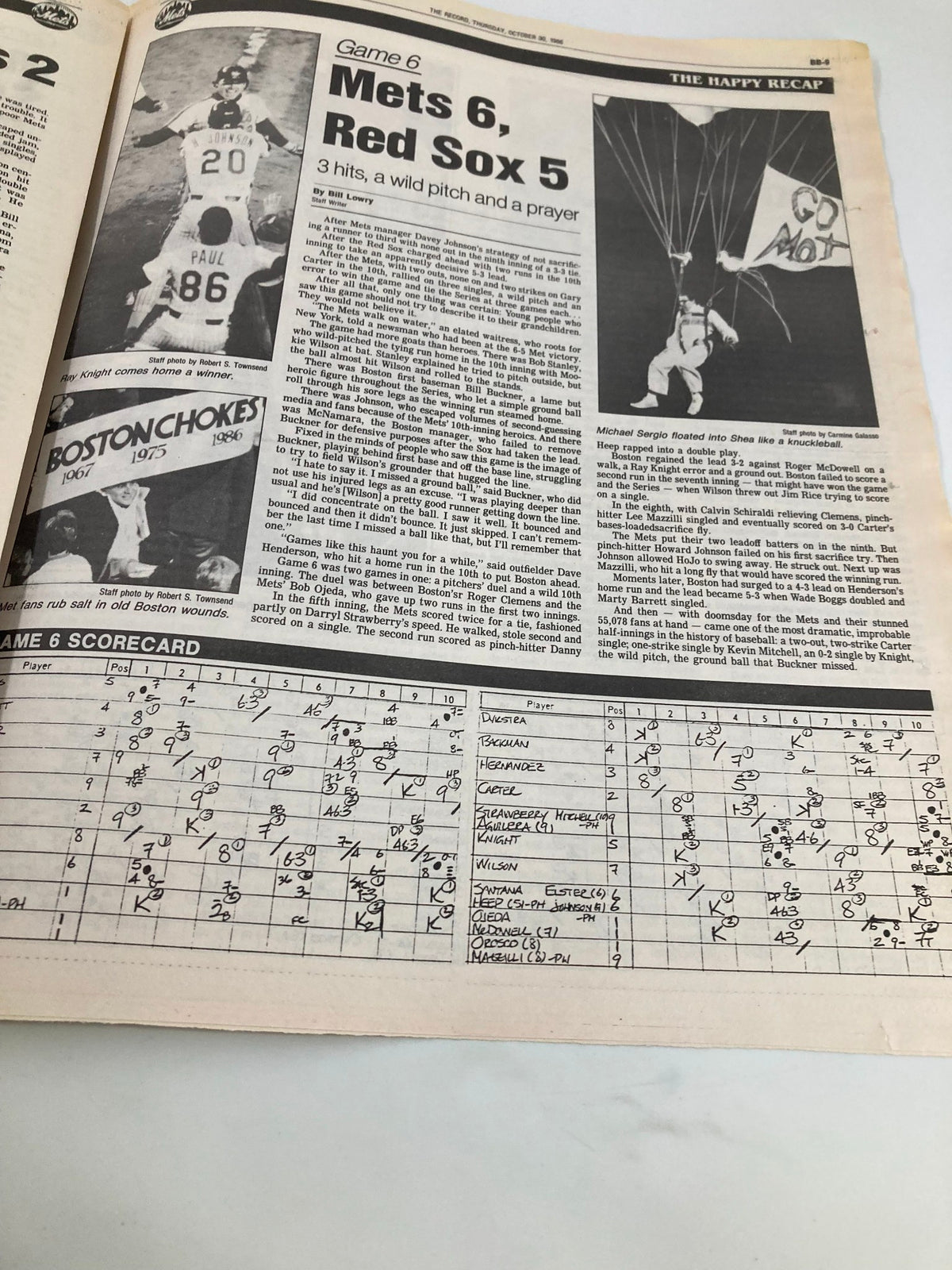 Inside page of The Record newspaper from October 30, 1986, titled 'Game 6, Mets 6, Red Sox 5' with game summary and a scorecard filled with handwritten notations.
