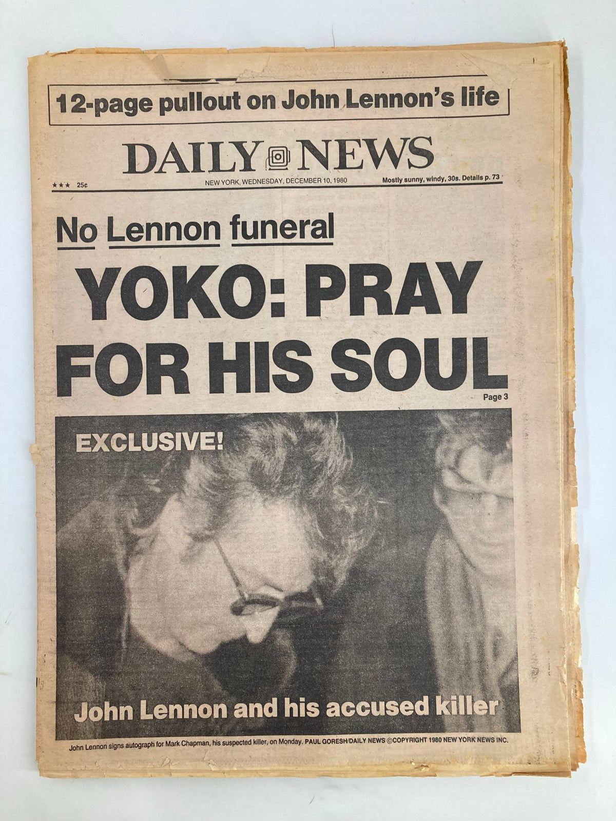 VTG Daily News Newspaper December 10, 1980 featuring exclusive coverage on John Lennon and his accused killer, with headlines and images reflecting the events of Lennon's tragic death.