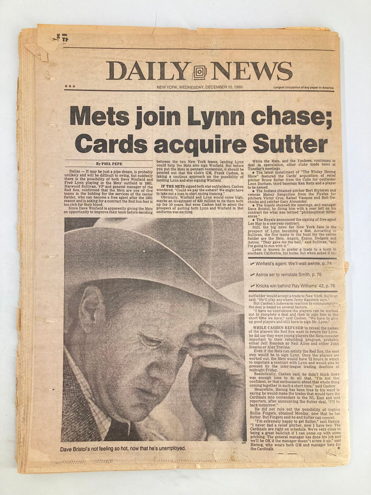 Front page of VTG Daily News Newspaper from December 10, 1980, featuring headlines about the New York Mets and the acquisition of players, including a notable mention of John Lennon and his accused killer.