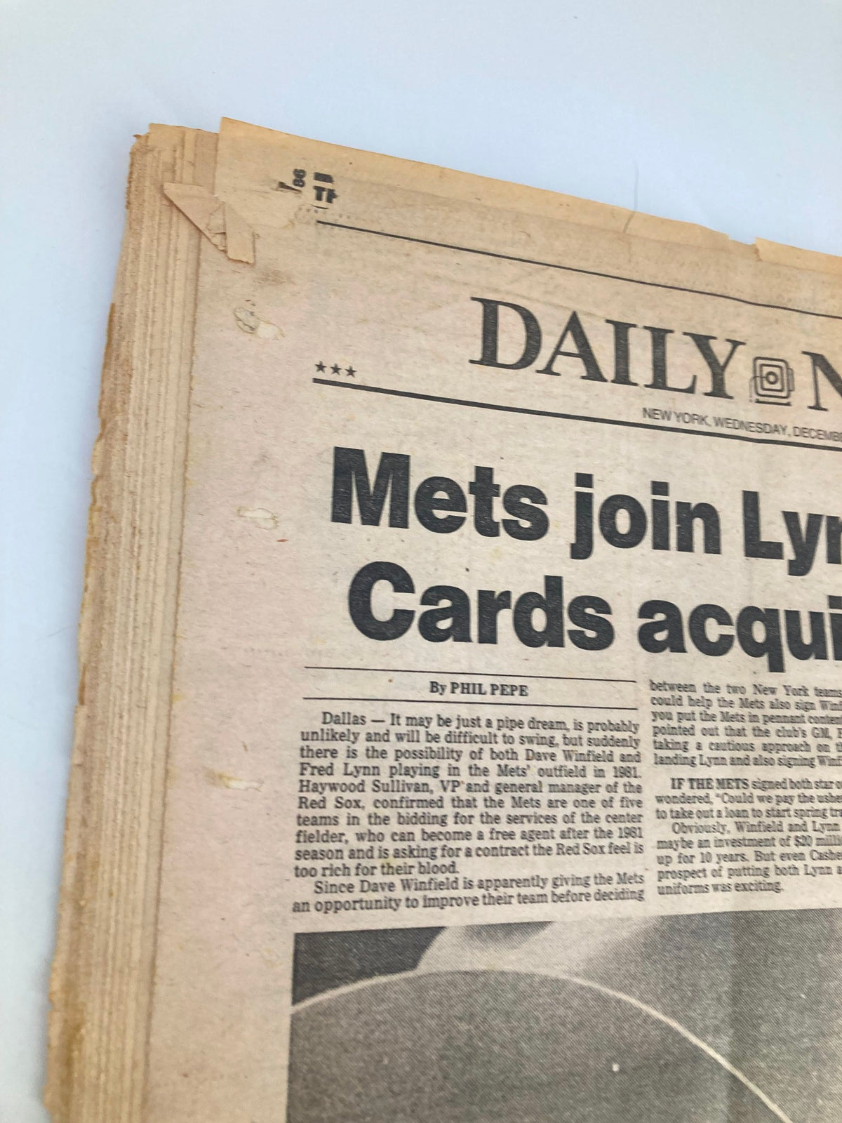 Close-up view of the top portion of the VTG Daily News Newspaper dated December 10, 1980, showcasing the headline regarding the New York Mets and player trades.