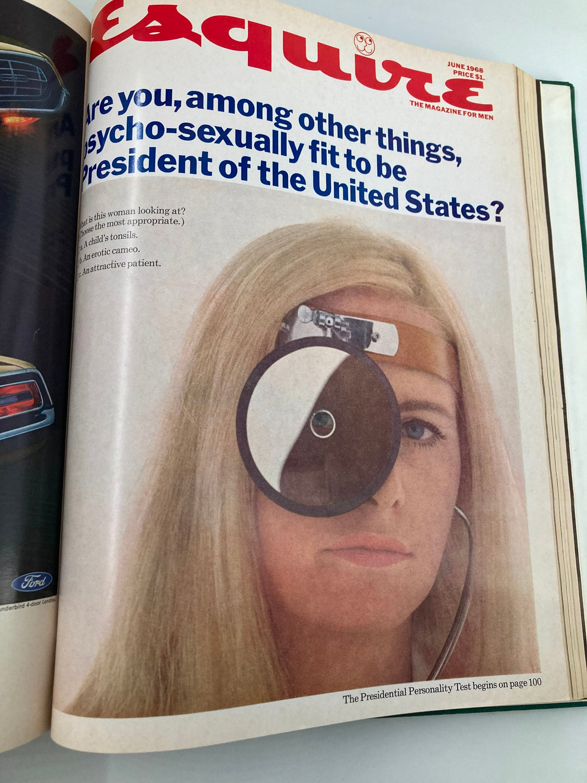 Cover of Esquire library bound magazine January - June 1968 featuring an intriguing article titled 'Are you, among other things, psycho-sexually fit to be President of the United States?' Illustrated with a striking image of a woman with a medical tool.