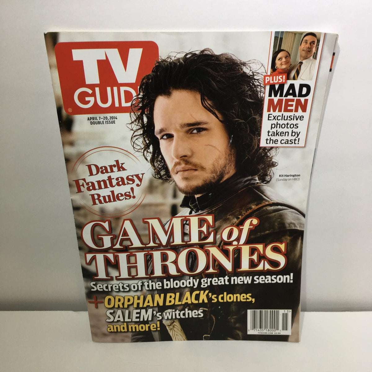 TV Guide April 7-20 2014 double issue featuring Game of Thrones on the cover, showcasing Kit Harington's character. Highlights include exclusive photos and articles on popular series like Orphan Black and Mad Men.