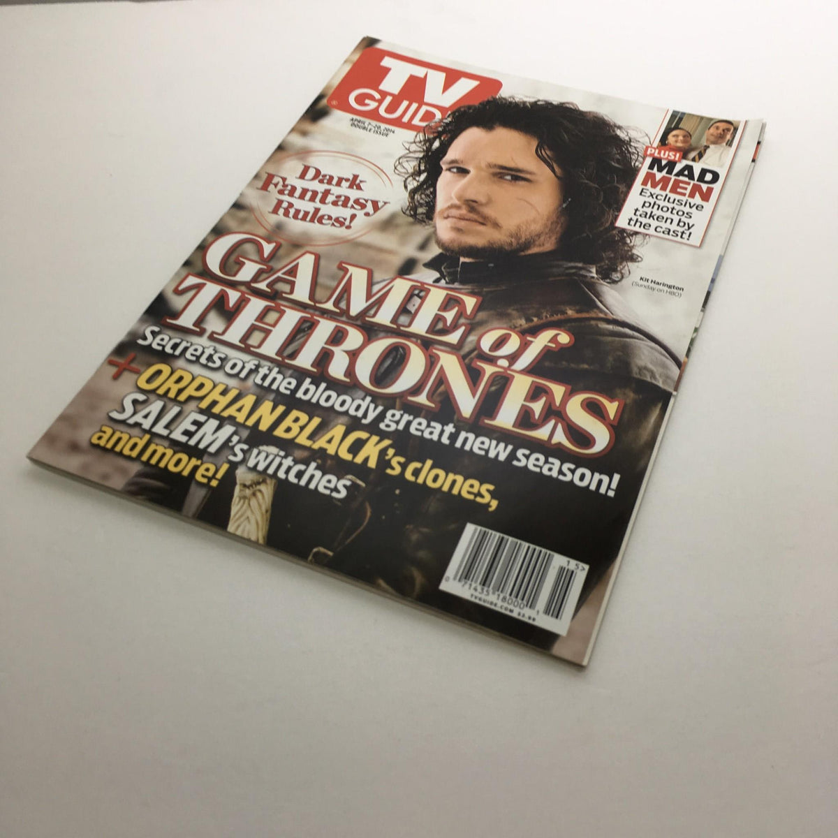 Front cover of TV Guide April 7-20 2014 Double Issue Game Of Thrones Kit Harington Cover, depicting key elements of the popular series.