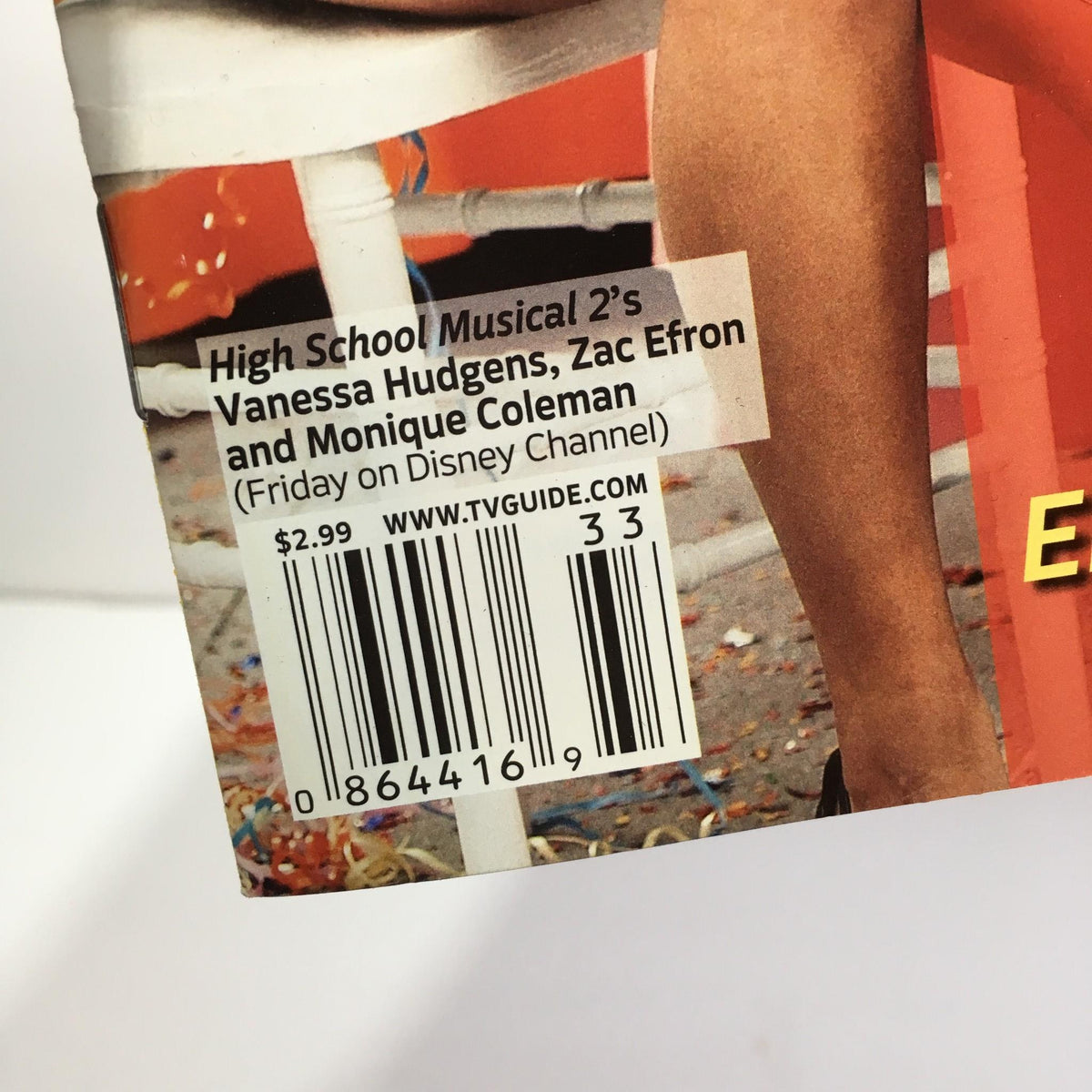 Close-up of the TV Guide price tag and content featuring High School Musical 2 stars Vanessa Hudgens, Zac Efron, and Monique Coleman, priced at $2.99.