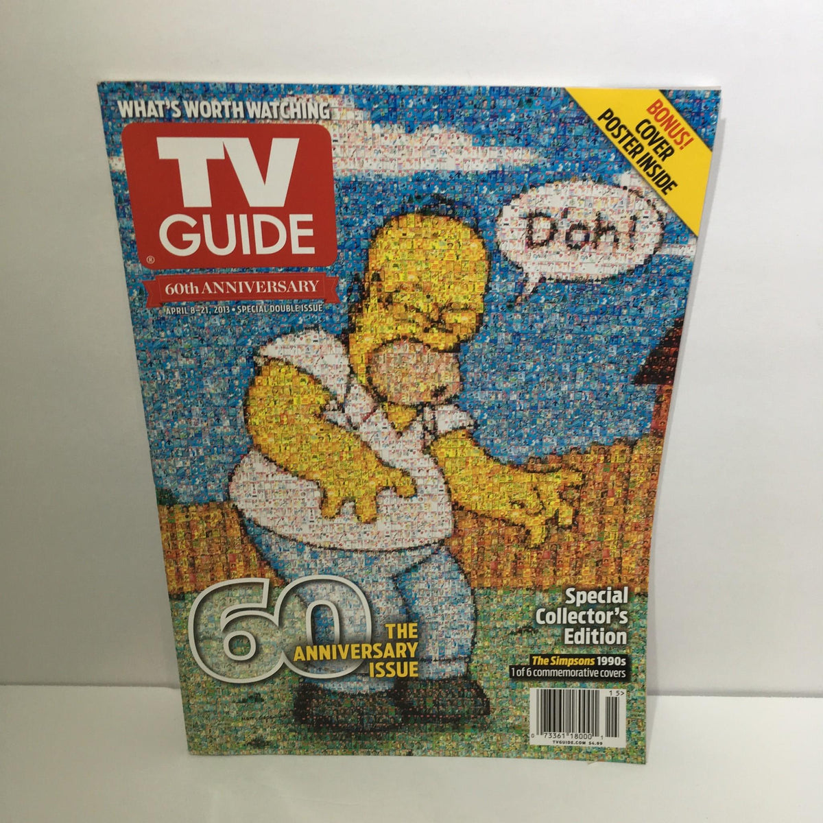 TV Guide April 8-21, 2013 Special Double Issue featuring The Simpsons 60th Anniversary, showcasing a mosaic-style cover with Homer Simpson saying 'D'oh!' This collector's edition celebrates iconic moments from the series, making it a must-have for fans of vintage television memorabilia.