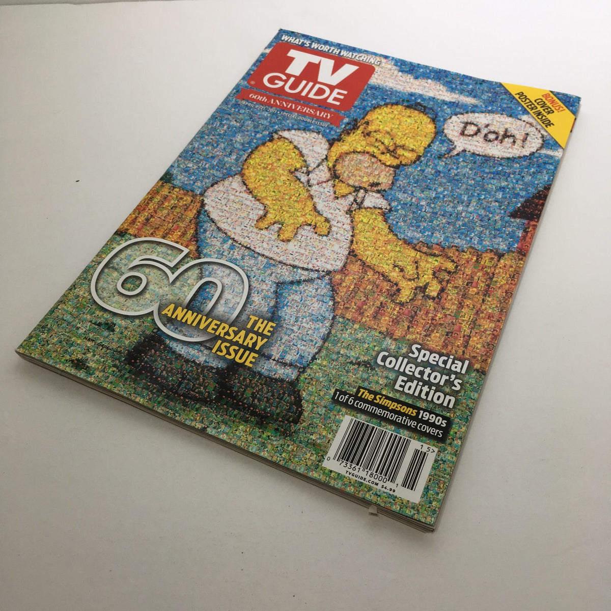 Side profile of the TV Guide April 8-21, 2013 special issue featuring Homer Simpson on the front cover, celebrating The Simpsons 60th anniversary with a colorful mosaic design.