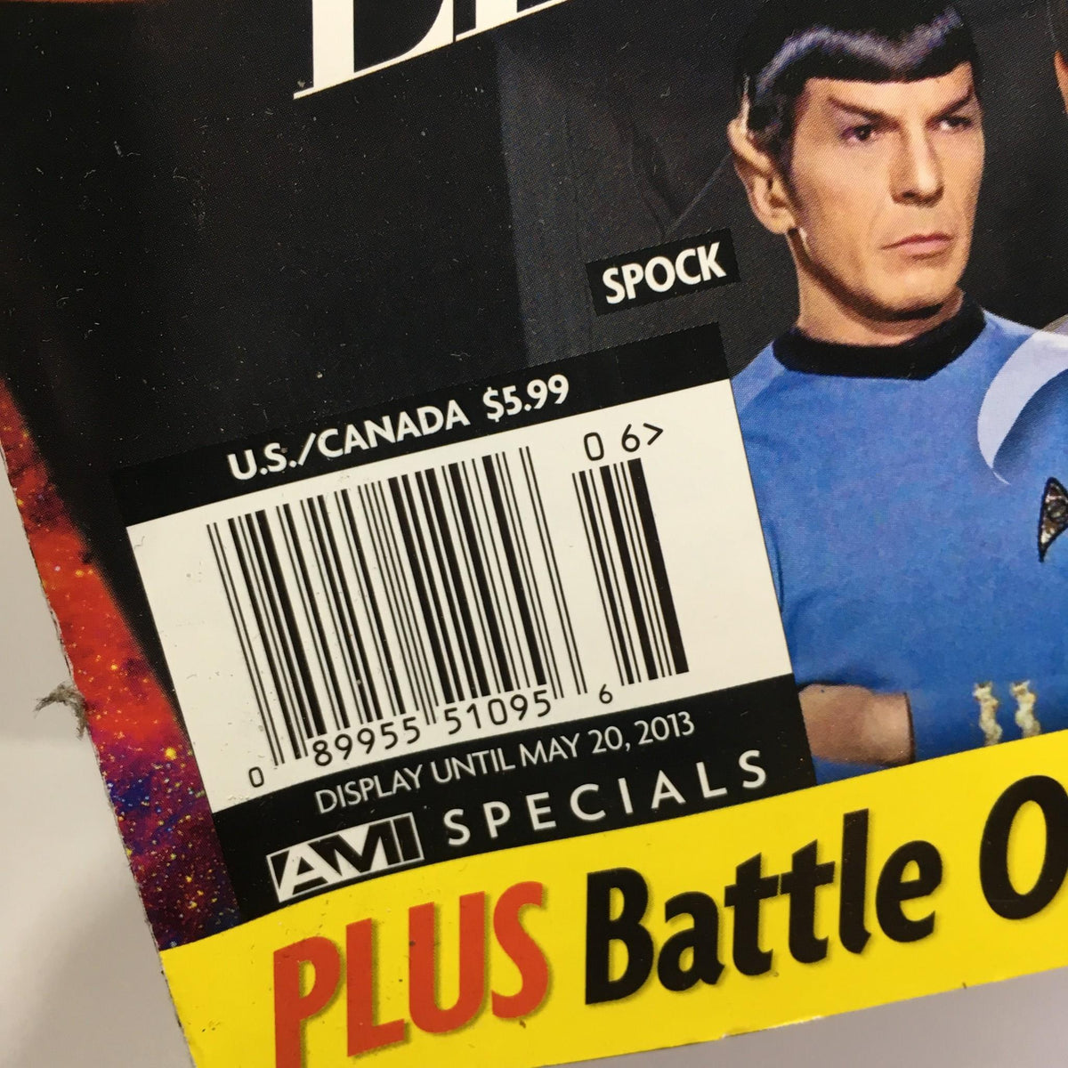 Barcode of TV Guide May 20 2013 Star Trek with Spock character illustration, priced at $5.99, highlighting its collectible nature.
