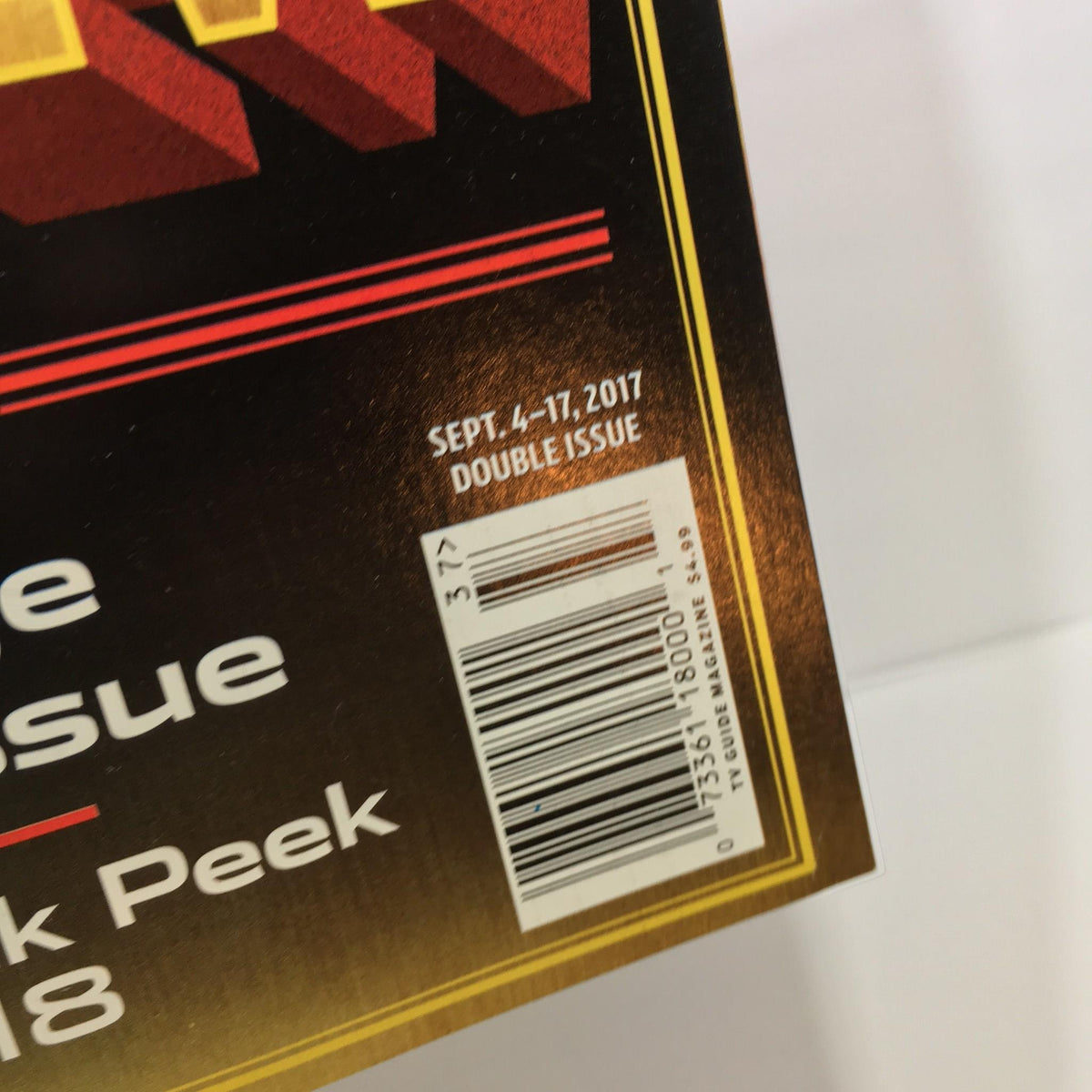 Barcode and publication date details from the TV Guide September 4-17, 2017 Double Issue, marking it as a special edition.