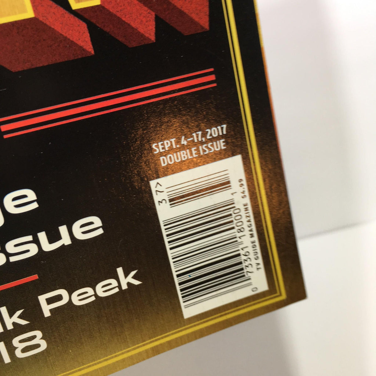 Close-up of barcode and publication date from the TV Guide September 4-17, 2017 Double Issue, emphasizing the double issue feature.