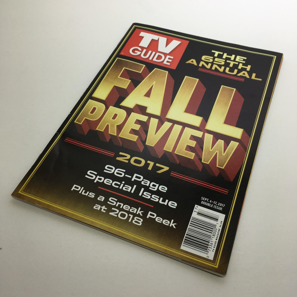 The cover of TV Guide's 65th Annual Fall Preview for 2017, showcasing bold graphics and emphasizing its content with 'Fall Preview' and '96-Page Special Issue' details, part of the Sept 4-17 2017 Double Issue.