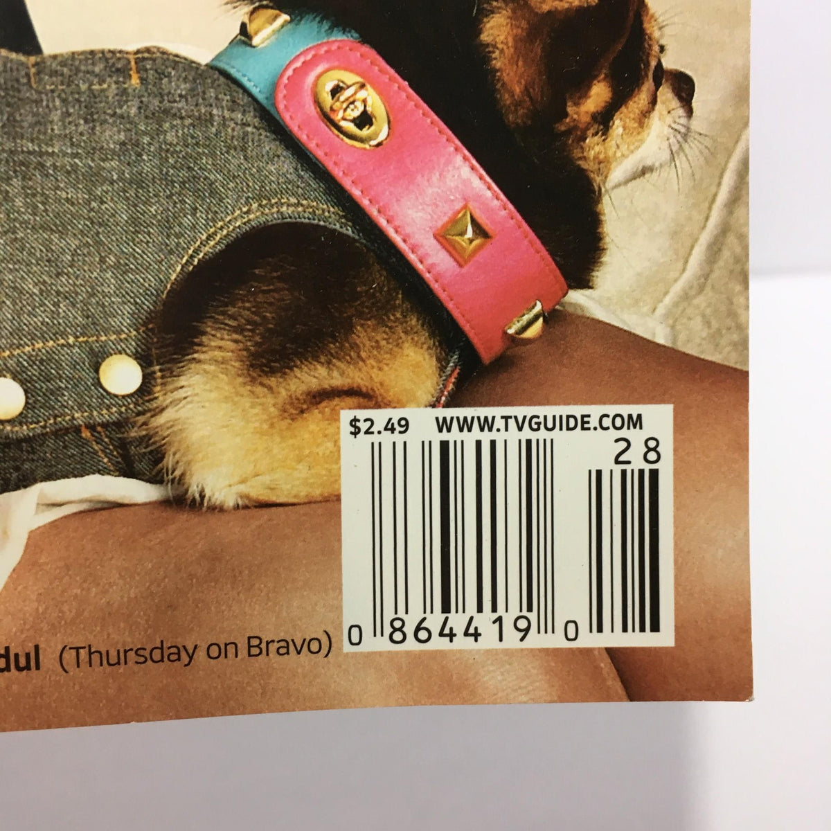 Back cover of TV Guide July 9-15 2007 showing a barcode and a chihuahua in a stylish outfit.