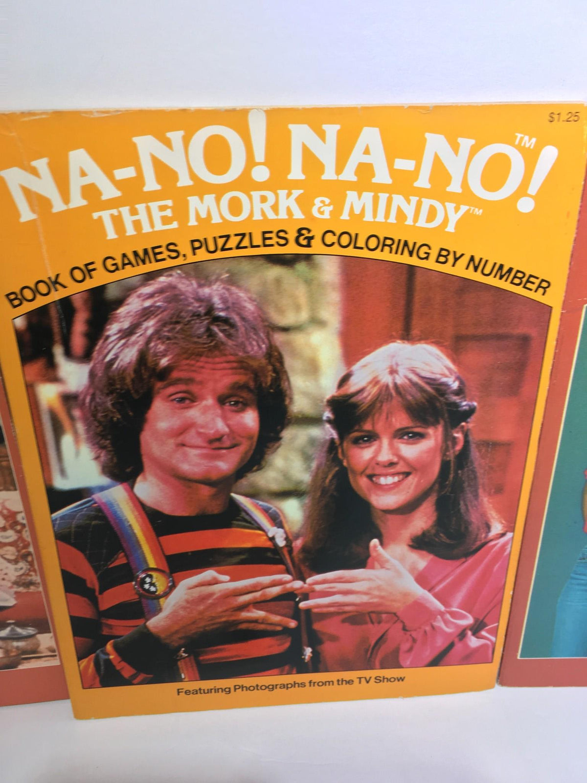 Na-No! Na-No! The Mork & Mindy activity book cover with vibrant colors, featuring characters engaging in fun activities, part of the lot of 3 The Mork & Mindy Activity Book and Magazine.