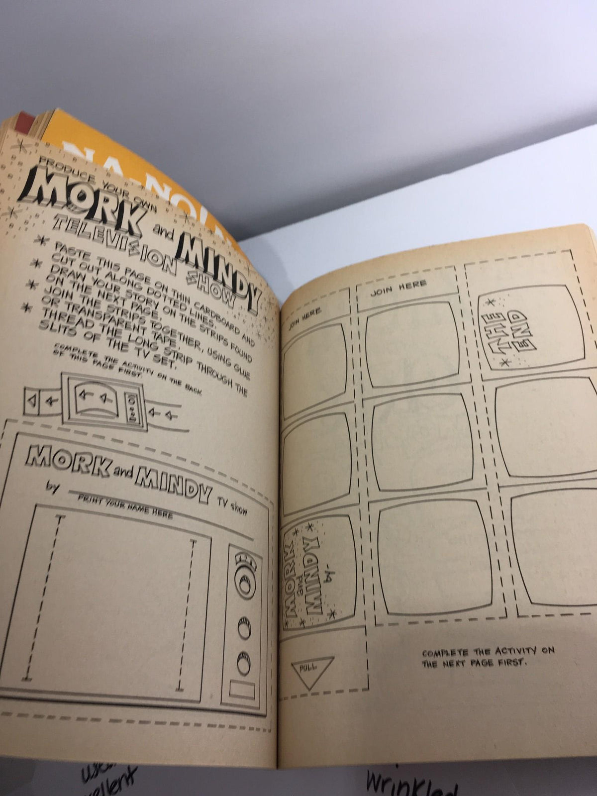 Interior page of The Mork & Mindy Activity Book with a creative activity involving TV scenes and cartoon drawing prompts.