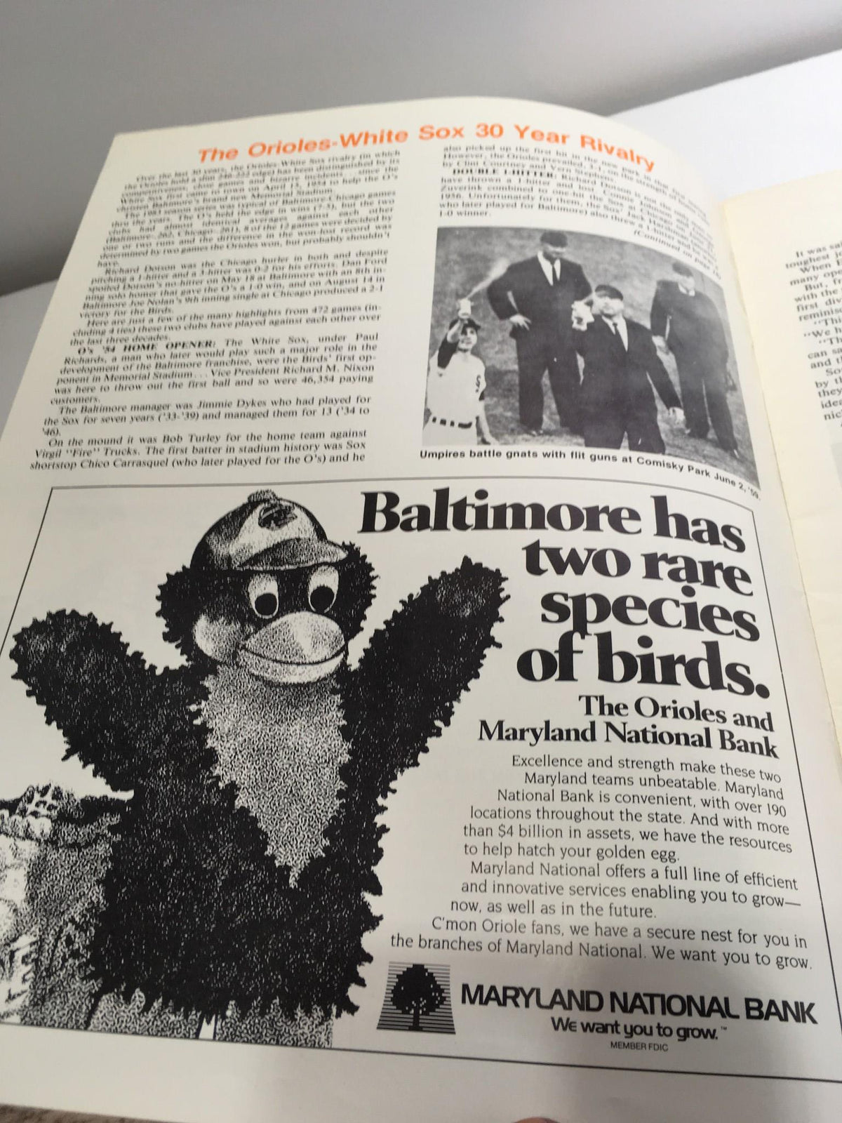 Another inside page from the 1983 ALCS program discussing the Orioles-White Sox rivalry, featuring historical images and advertisements related to the teams.