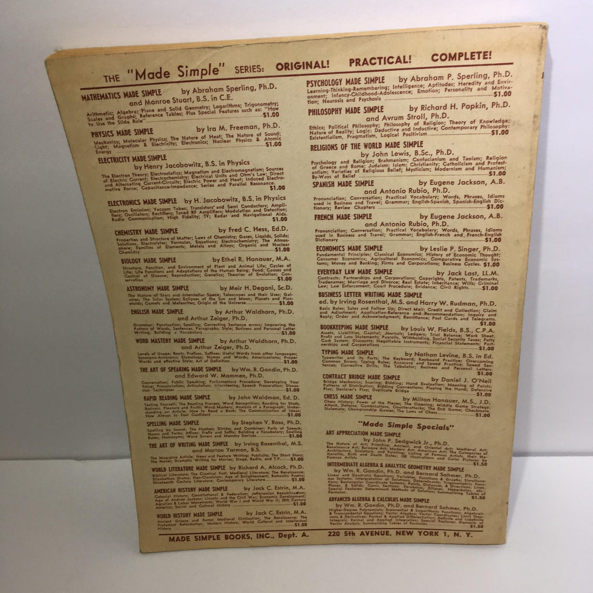Back cover of the 1959 Electricity Made Simple Magazine by Henry Jacobowitz, listing other titles in the 'Made Simple' series and highlighting the educational focus.