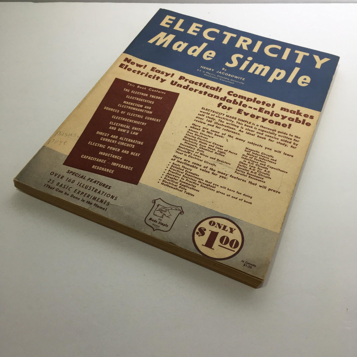 Cover of the 1959 Electricity Made Simple Magazine by Henry Jacobowitz, featuring a bold title and a guide to understanding electricity with illustrations and content details.