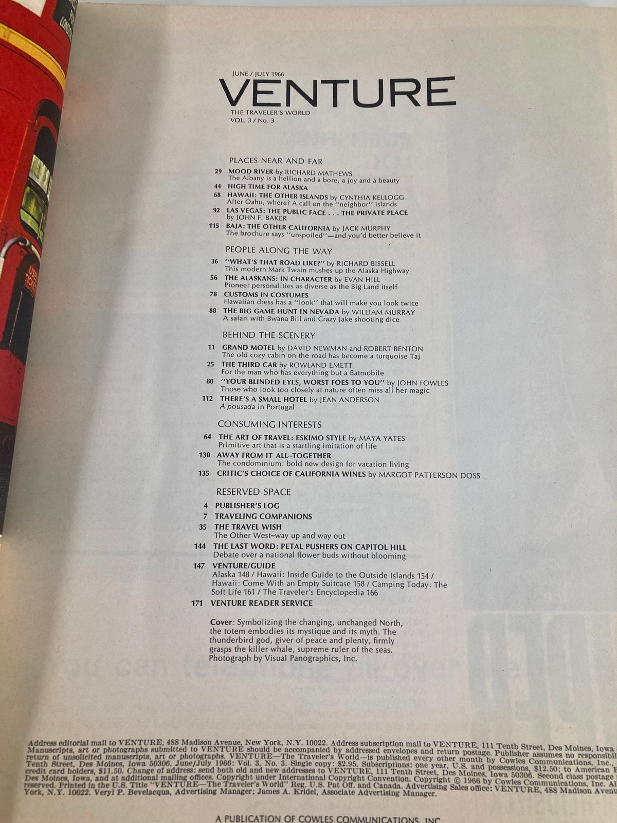 Contents page from VTG Venture Magazine June 1966, showcasing various articles including 'High Time for Alaska' and other travel-themed features.