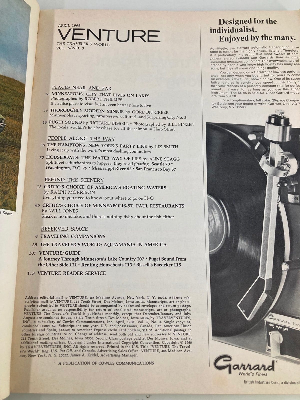 Inside page of VTG Venture Magazine April 1968, listing articles including Houseboating: The Water Way of Life, with details on Minneapolis and New York's boating culture.