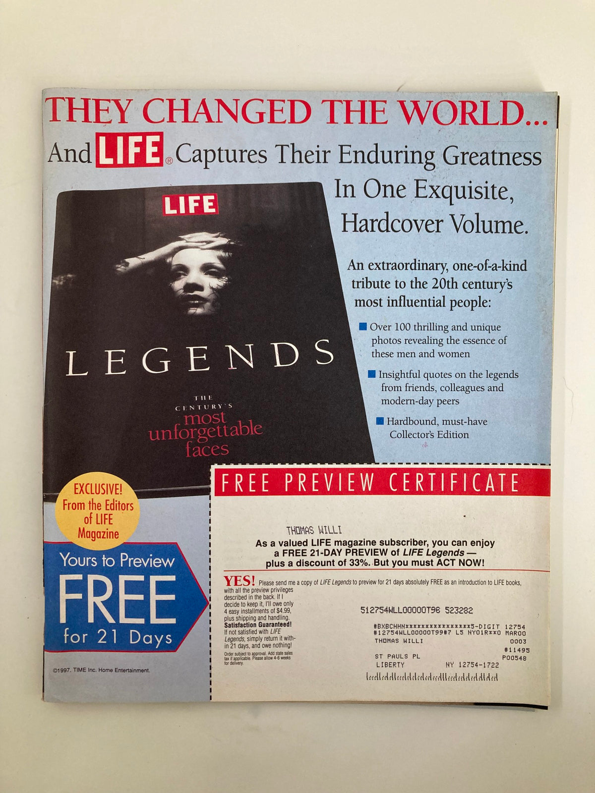 Reverse cover of Life Magazine November 1997 highlighting the 'Legends' edition. This side promotes the enduring greatness of influential figures in the 20th century, emphasizing a free preview offer for Life Legends.