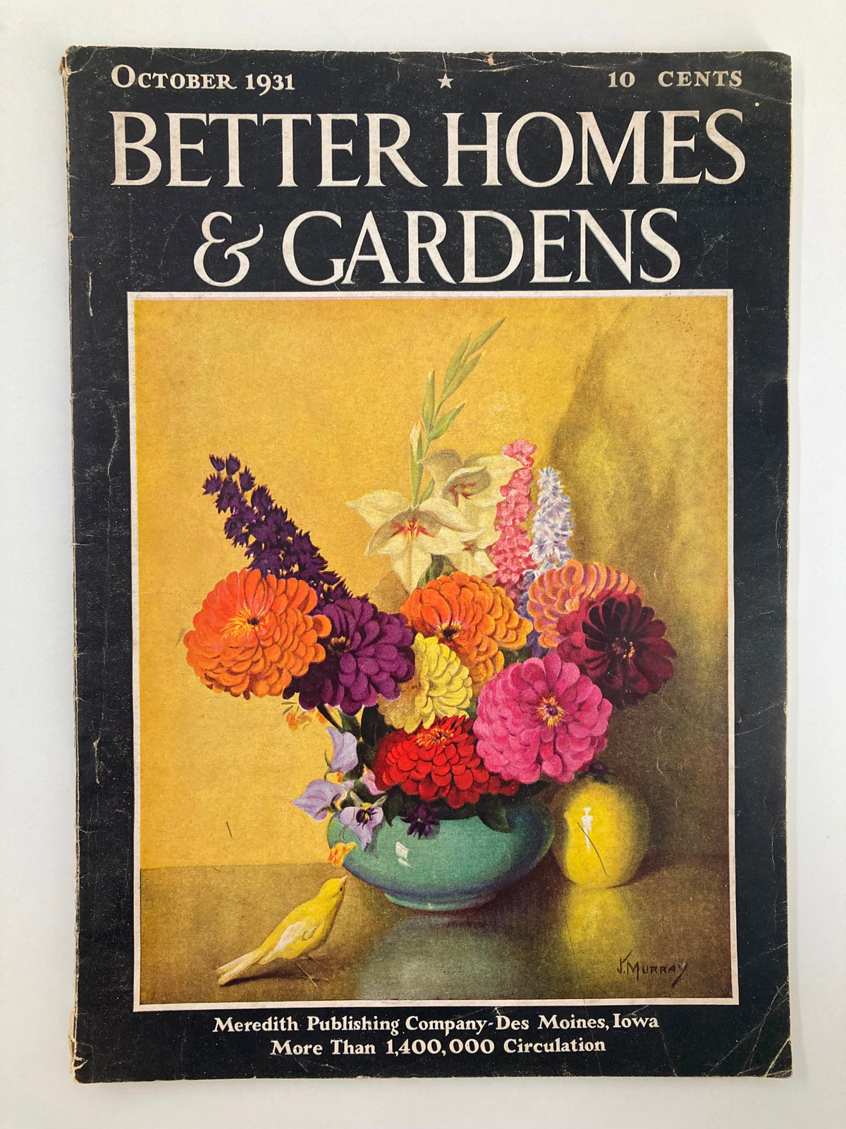 Cover of VTG Better Homes & Gardens Magazine October 1931 featuring a vibrant floral arrangement and a canary.